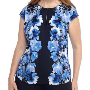 The Limited Diffused Floral Blouse Plus Size 1X Top Dressy Blue Cap Sleeve NWT